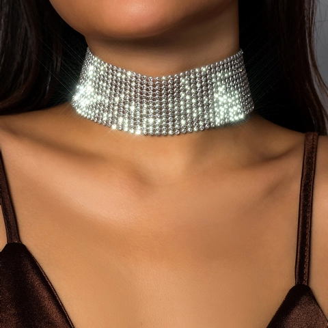 Collier Ras de Cou Large en Strass Exagéré pour Femme Collier à Mailles Scintillantes à Plusieurs Rangs en Cristal pour Fête Mariage