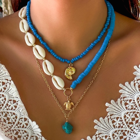 Bohemian Layered Necklace For Women Gold White Artificial Pearl Shell Starfish Sea Turtle Pendant Summer Beach Jewelry Neck饰
