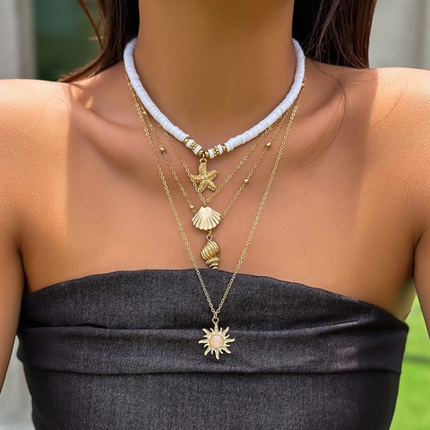 Bohemian Layered Necklace For Women Gold White Artificial Pearl Shell Starfish Sea Turtle Pendant Summer Beach Jewelry Neck饰