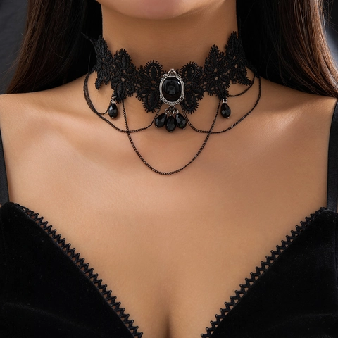 Vintage Γοτθικό Μαύρο Δαντέλα Choker Κολιέ για Γυναίκες Lolita Retro Φούντα Μενταγιόν Σταγόνα Νερού Κοσμήματα Αλυσίδα Κράματος