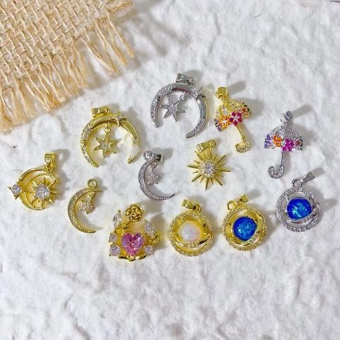 DIY Jewelry Making Pendants Gold Plated Copper Micro Pave Rhinestone Star Moon Sun Planet Umbrella Heart Charms For Necklace Bracelet Making Women Jewelry