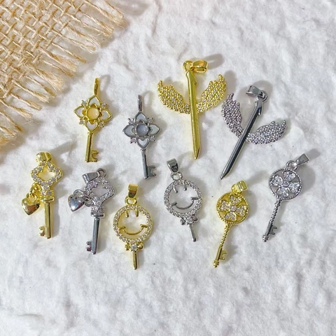 Copper Gold Plated Zirconia DIY Jewelry Pendants Angel Wings Key Smiley Face Pendant Only (Without Chain) For Necklace Bracelet