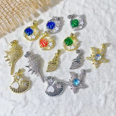 Ocean Theme Conch Sea Star Shell Pendant DIY Jewelry Accessories Copper Gold Silver Plated Zirconia Faux Artificial Pearl Pendant Only