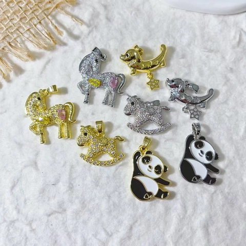 Gold Plated Copper Zirconia Animal Pendants Horse Panda Dog Charms For DIY Jewelry Making Necklace Pendant Only (Without Chain)