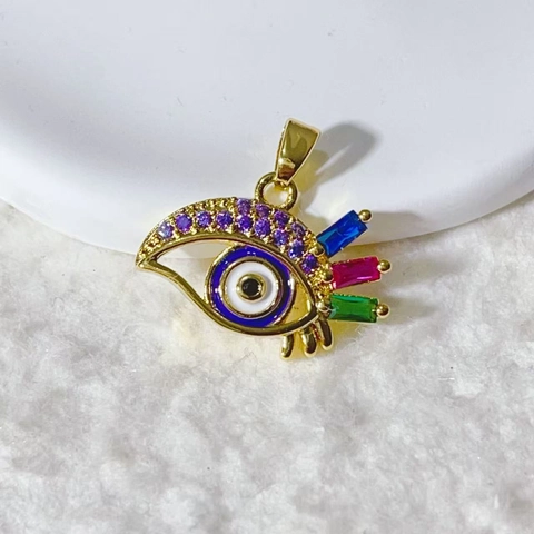 18K Gold Plated Copper Evil Eye Pendant With Colorful Cubic Zirconia Eyelash Design Bohemian Jewelry Making Charm For Women