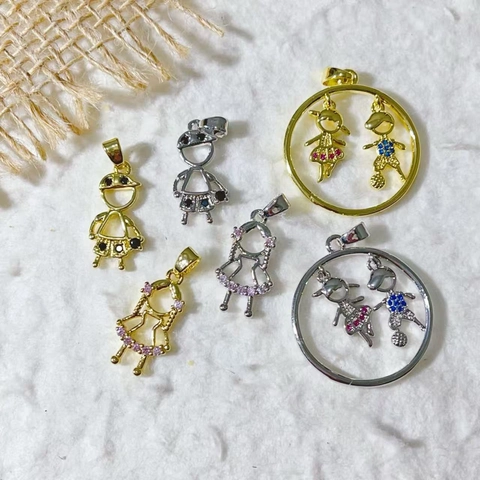 Copper Micro Zirconia Boy Girl Charms DIY Jewelry Pendants For Necklace Bracelet Making Cartoon Family Figures Gold Silver Plated