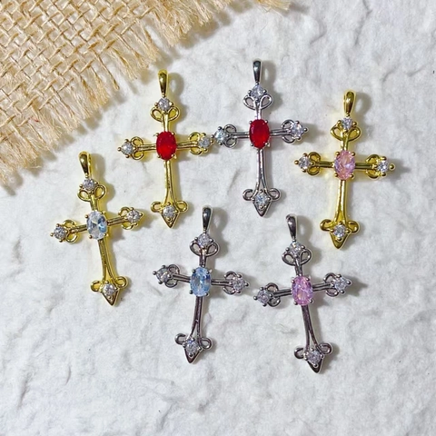 Vintage Medieval Cross Pendant Copper Zircon Rhinestone Inlaid Gold Silver Plated Jewelry DIY Craft Necklace Accessory For Women
