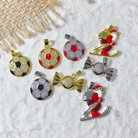 Hip Hop Zircon Football Santa Claus Candy Pendant Copper Gold Plated Enamel Sport Festive DIY Jewelry Making Pendant
