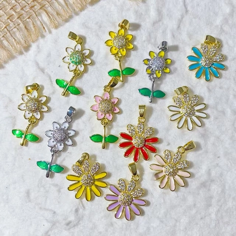 Daisy Sunflower Pendant Copper Gold Plated Enamel Zirconia Flower Charm For DIY Jewelry Making Pendant Only (Without Chain) Women Accessory