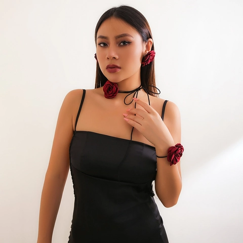 Vintage 3D Rose Flower Choker Necklace Bracelet Stud Earrings Set For Women Satin Velvet Fabric Gothic Ribbon Tie Jewelry