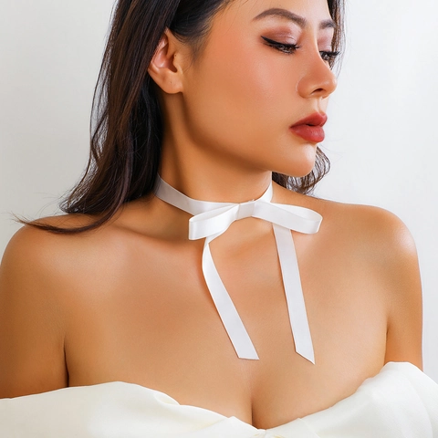 Elegantes Weißes Satinband Schleife Choker Halskette Für Damen Lange Quaste Süße Lolita Halskragen Verstellbar Hochzeit Party Schmuck