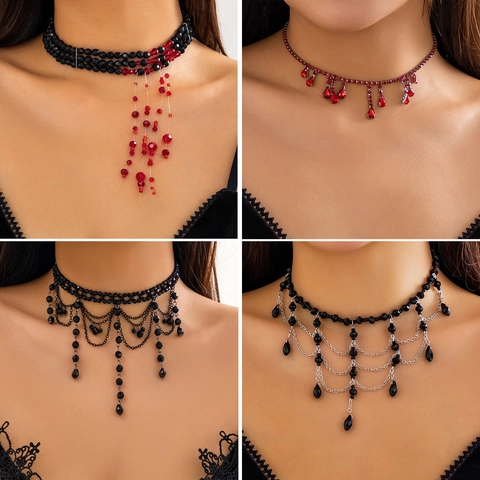 Γοτθικό Κολιέ Choker με Σταγόνα Αίματος για Γυναίκες Μαύρες Χάντρες με Φούντα Κοσμήματα Χάλοουιν Διακόσμηση Πάρτι Κολιέ