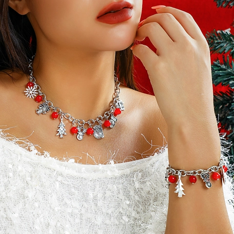 Kerst Legering Hanger Halsketting En Armband Met Kerstboom Rendier Sneeuwvlok Bel Rode Kralen Voor Vrouwen Feestelijke Sieraden