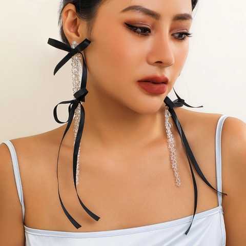 Bowknot Ribbon Tassel Earrings For Women Imitation Artificial Pearl Crystal Flower Drop Dangle Earrings Handmade Fashion Jewelry Gift