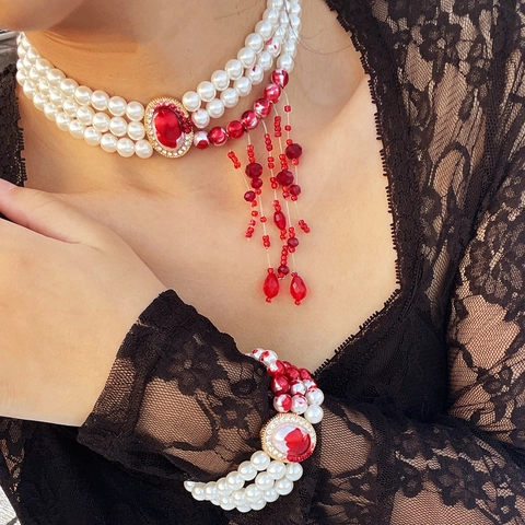Gothic Vintage Layered Imitation Artificial Pearl Choker Necklace With Red Gemstone Tassel Halloween Jewelry For Women