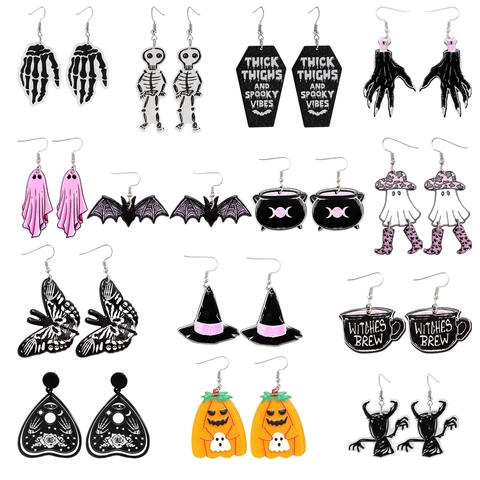 Halloween Acrylic Dangle Earrings Gothic Coffin Skeleton Ghost Pumpkin Witch Hat Bat Cauldron Drop Earrings Women Party Jewelry