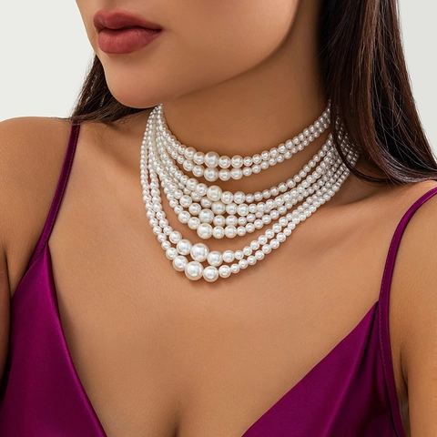 Elegante Gelaagde Imitatieparel Halsketting Voor Dames Franse Vintage Barok Choker Kralen Sieraden Voor Bruiloft Feest