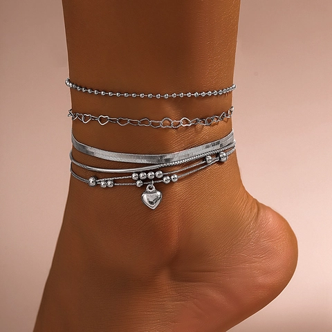 Bohemian Multi-layer Copper Iron Anklet For Women Heart Pendant Snake Bone Figaro Cuban Link Chain Foot Jewelry Gift