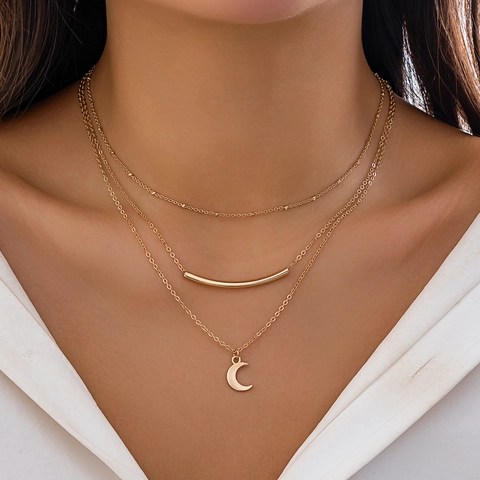 Layered Necklaces For Women Alloy Copper Minimalist Snake Chain Elegant Heart Moon Pendant Geometric Jewelry Gift