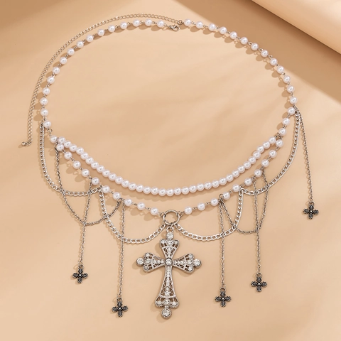 Vintage Gothic Multilayer Waist Chain Alloy Rhinestone Cross Pendant Tassels For Women Artificial Pearl Body Chain Jewelry