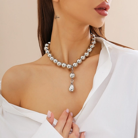 Collana di Perline CCB e Orecchini a Pendente per Donna Chunky Metallic Oro Argento Ciondolo a Goccia Choker Gioielli di Moda