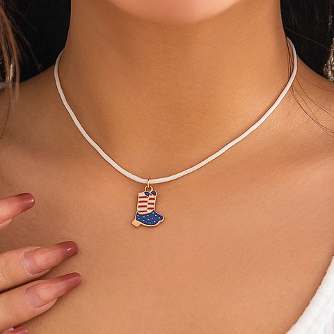 Western Fashion Alloy USA Flag Charm Necklace White Wax Cord Enamel Star Bow Heart USA Letters Boot Choker For Women Patriotic Jewelry