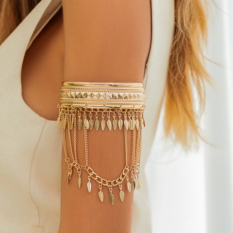 Bohemian Vintage Alloy Arm Cuff Bracelet Gold Silver Metal Leaf Coin Fringe Tassel Adjustable Armlet For Women Party Jewelry