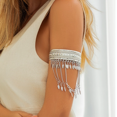 Bohemian Vintage Alloy Arm Cuff Bracelet Gold Silver Metal Leaf Coin Fringe Tassel Adjustable Armlet For Women Party Jewelry