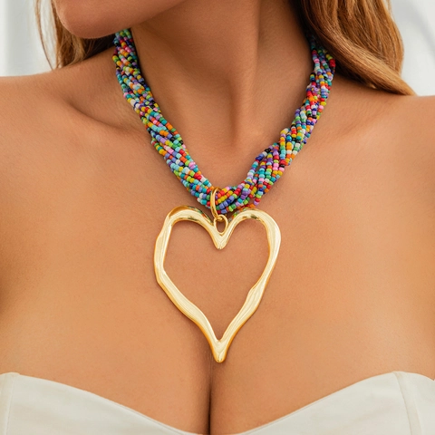 Collana Multistrato Bohemien in Lega Perla Artificiale Donna Esagerata Pendente Cuore Lava Collana Statement di Perline