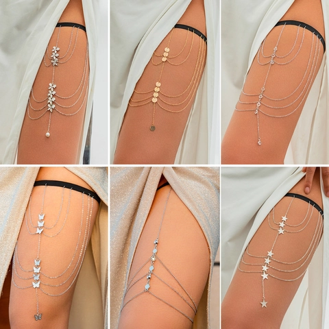 Sexy Vlinder Kwast Dijketting Voor Dames Meerlaagse Ster Strass Beinketting Elastische Lichaamssieraden Strandfeest Accessoire