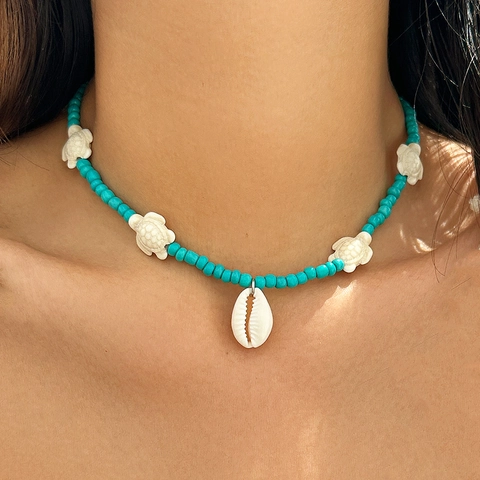 Bohemian Summer Beach Beaded Choker Necklace For Women Handmade Resin Plastic Shell Sea Turtle Starfish Pendant Jewelry