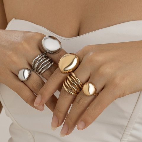Vintage Irregular Lava Texture Geometric Alloy Open Ring Set For Women Gold Silver Plated Stackable Metal Line Rings