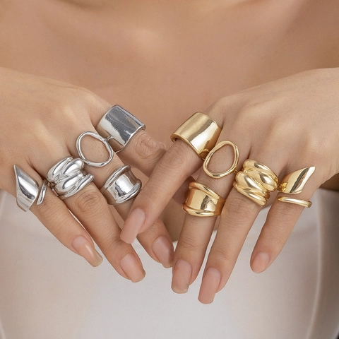Vintage Irregular Lava Texture Geometric Alloy Open Ring Set For Women Gold Silver Plated Stackable Metal Line Rings