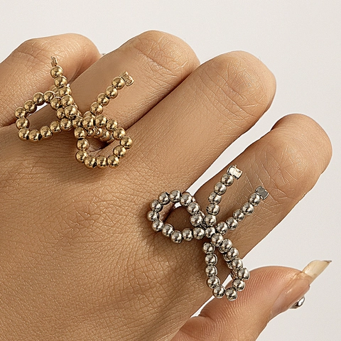Women Bowknot Beaded Ring Plastic Artificial Pearl Rhinestone Metallic Gold Silver Black White Adjustable Fashion Finger Jewelry