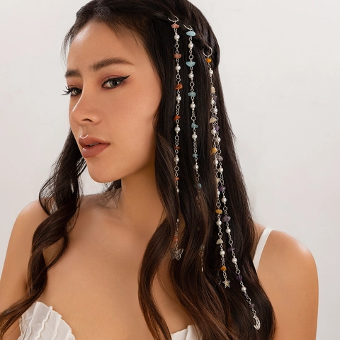 Bohemian Alloy Natural Stone Artificial Pearl Hair Chain Vintage Butterfly Star Moon Pendant Hair Jewelry For Women Braid Accessories