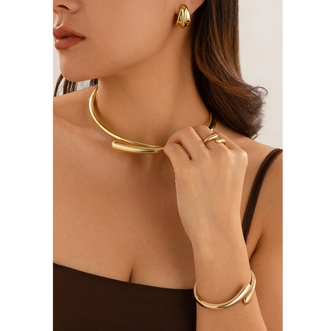 Modern Minimalist Zinc Alloy Open Choker Necklace And Waterdrop Ring Jewelry Set For Women Individual Trend Ins Style Neck Jewelry