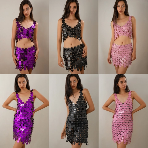 Sexy Plastic Sequin Hollow Out Body Chain Top And Skirt Nightclub Party Rave Women Metal Ring Link Disc Dress Jewelry