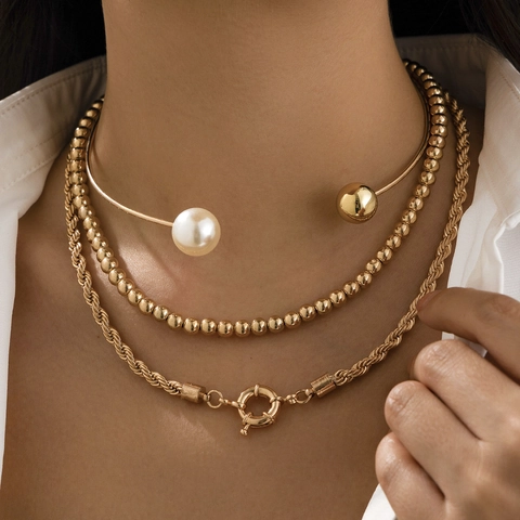 Multilayer Alloy Iron Artificial Pearl Necklace For Women Gold Silver Plate Coin Pendant OT Buckle Layered Choker Jewelry