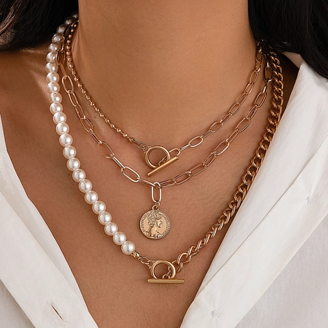 Multilayer Alloy Iron Artificial Pearl Necklace For Women Gold Silver Plate Coin Pendant OT Buckle Layered Choker Jewelry
