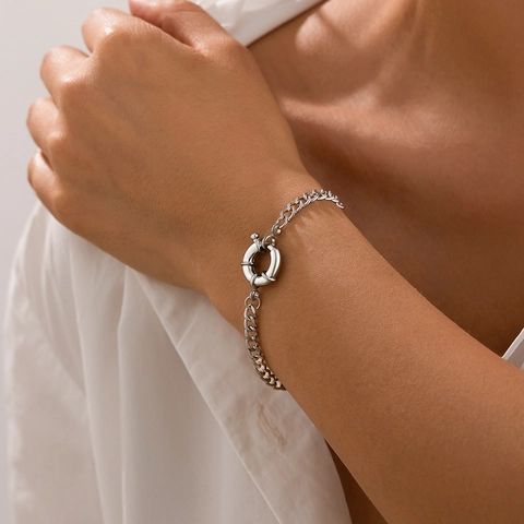 Punk Chunky Alloy Iron Link Bracelet For Women Large Spring Ring Sailor Clasp Geometric Metal Layered Chain Jewelry Gift