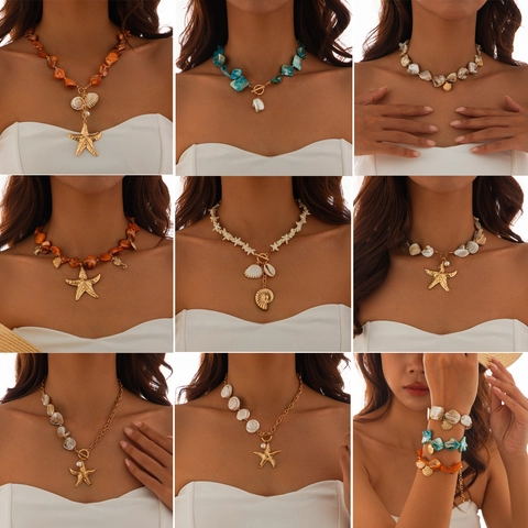 Bohemian Ocean Style Starfish Shell Necklace For Women Summer Beach Vacation Zinc Alloy Artificial Pearl Pendant Jewelry