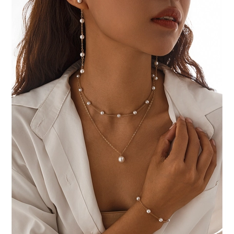 Parure de Bijoux en Künstliche Perles Élégante pour Femmes Collier Boucles d'Oreilles Bracelet en Alliage Imitation de Künstliche Perle Or Argent