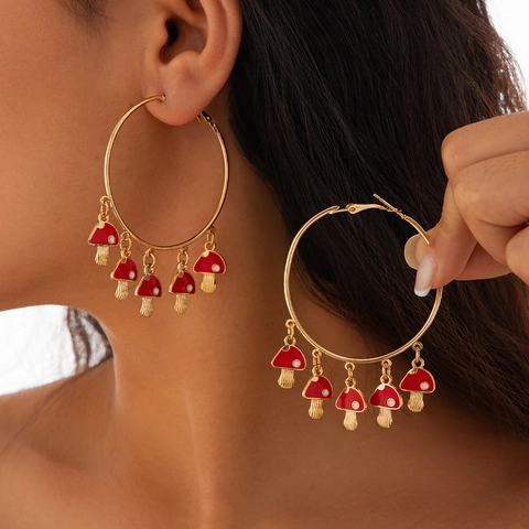 Forest Style Mushroom Leaf Hoop Earrings For Women Alloy Enamel Cherry Dangle Tassel Earrings Vintage Fashion Jewelry Gift