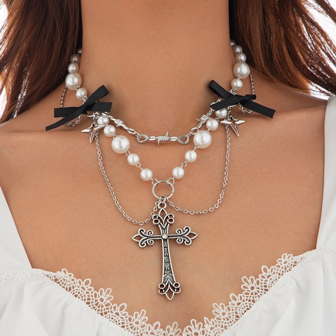 Gothic Multilayer Necklace With Baroque Cross Star Pendant Satin Bowknot Faux Pearl Iron Chain Choker For Women Punk Y2K Jewelry