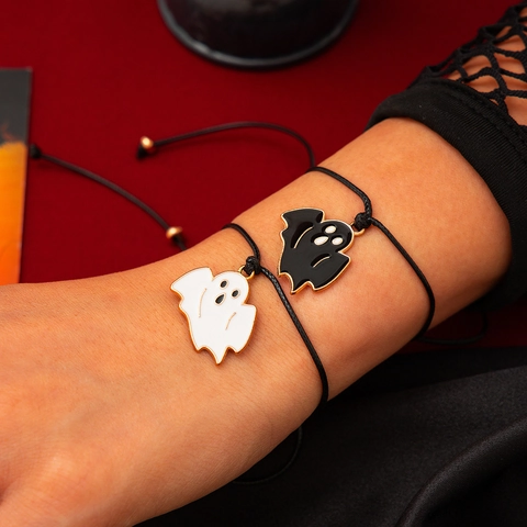 Braccialetti con Pendente a Forma di Fantasma e Zucca di Halloween per Donna Stile Dark Gotico Regolabile Filo di Cera in Pelle Lega Smalto Gioielli Regalo