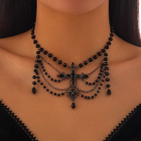 Gothic Punk Multilayer Black Beaded Choker Necklace With Cross Pendant For Women Halloween Party Lace Tassel Necklace Jewelry