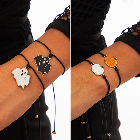Braccialetti con Pendente a Forma di Fantasma e Zucca di Halloween per Donna Stile Dark Gotico Regolabile Filo di Cera in Pelle Lega Smalto Gioielli Regalo