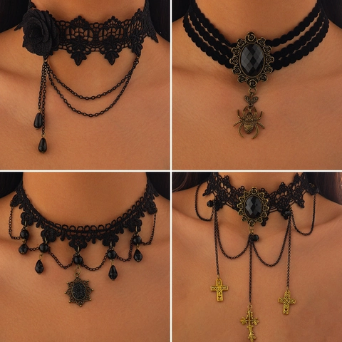 Gothic Black Lace Choker Necklace For Women Halloween Vintage Spider Web Rose Cross Rhinestone Pendant Adjustable Neck Jewelry