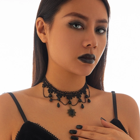 Gothic Black Lace Choker Necklace For Women Halloween Vintage Spider Web Rose Cross Rhinestone Pendant Adjustable Neck Jewelry