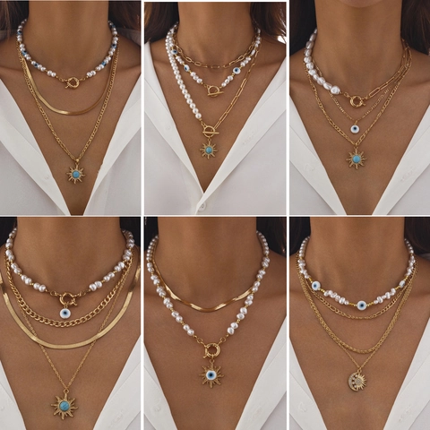 Vintage Bohemian Multilayer Necklace For Women Gold Alloy Sun Pendant Evil Eye Beaded Artificial Pearl Layered Choker Jewelry
